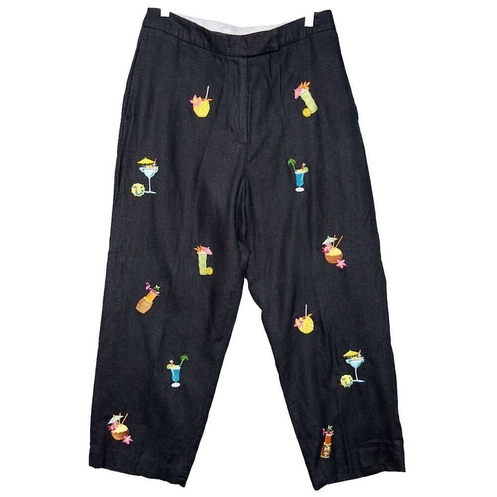 Saint Tropez West Pants Womens Linen Black‎ Sz 10 Embroidered Drinks Vacation
